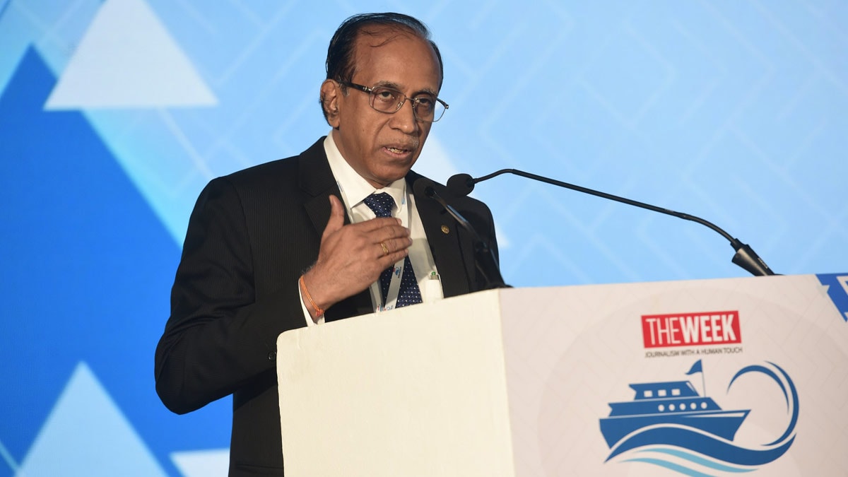 Madhu Nair, chairman and managing director of Cochin Shipyard Limited (CSL), speaks at THE WEEK Maritime Conclave 2025 at The Crowne Plaza in Kochi | Sanjoy Ghosh