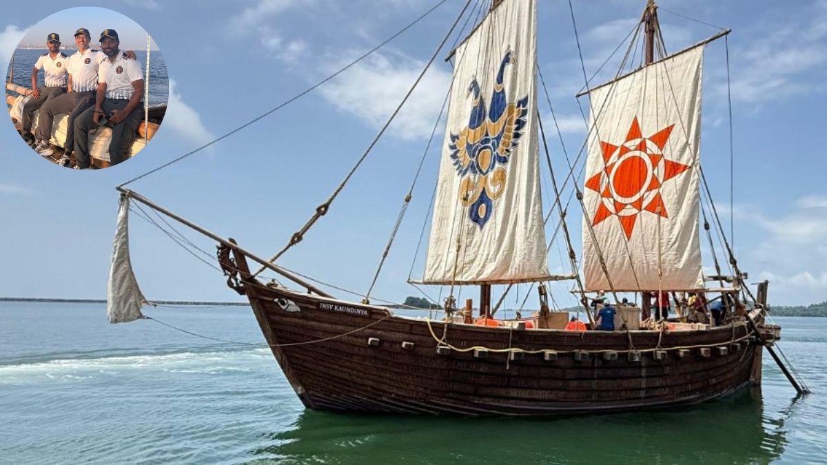 The Indian Navy's stitched sailing ship, the 'INSV Kaundinya'; (inset) Prime Minister's Economic Advisory Council member Sanjeev Sanyal with fellow crew members Hemath Kumar (Expedition In-charge) and Vikas Sheoran (Skipper) | X