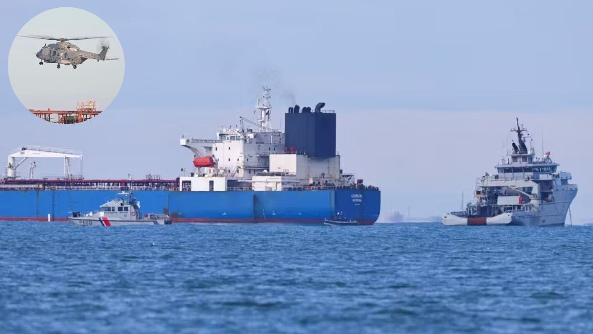 French navy vessels surrounding the oil tanker 'Grinch'; (inset) A helicopter used for apprehending the suspected dark fleet vessel | Reuters, X/@EmmanuelMacron