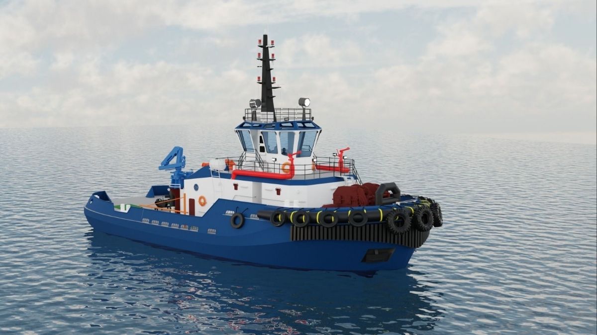A rendered image of the 60T Bollard Pull Battery-Electric Green Tug | CSL