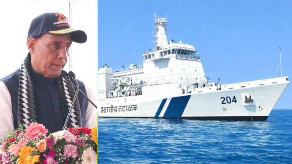 Defence Minister Rajnath Singh (L) at the commissioning ceremony for the Indian Coast Guard's 'Samudra Pratap' (R), a Pollution Control Vessel (PCV) | X