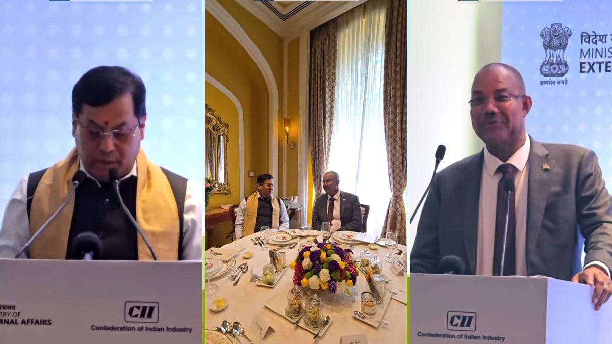 Union Minister for Ports, Shipping and Waterways Sarbananda Sonowal (L) and Seychelles President Dr Patrick Herminie (R) at the Indo-Seychelles Business Summit in Mumbai | X/@sarbanandsonwal