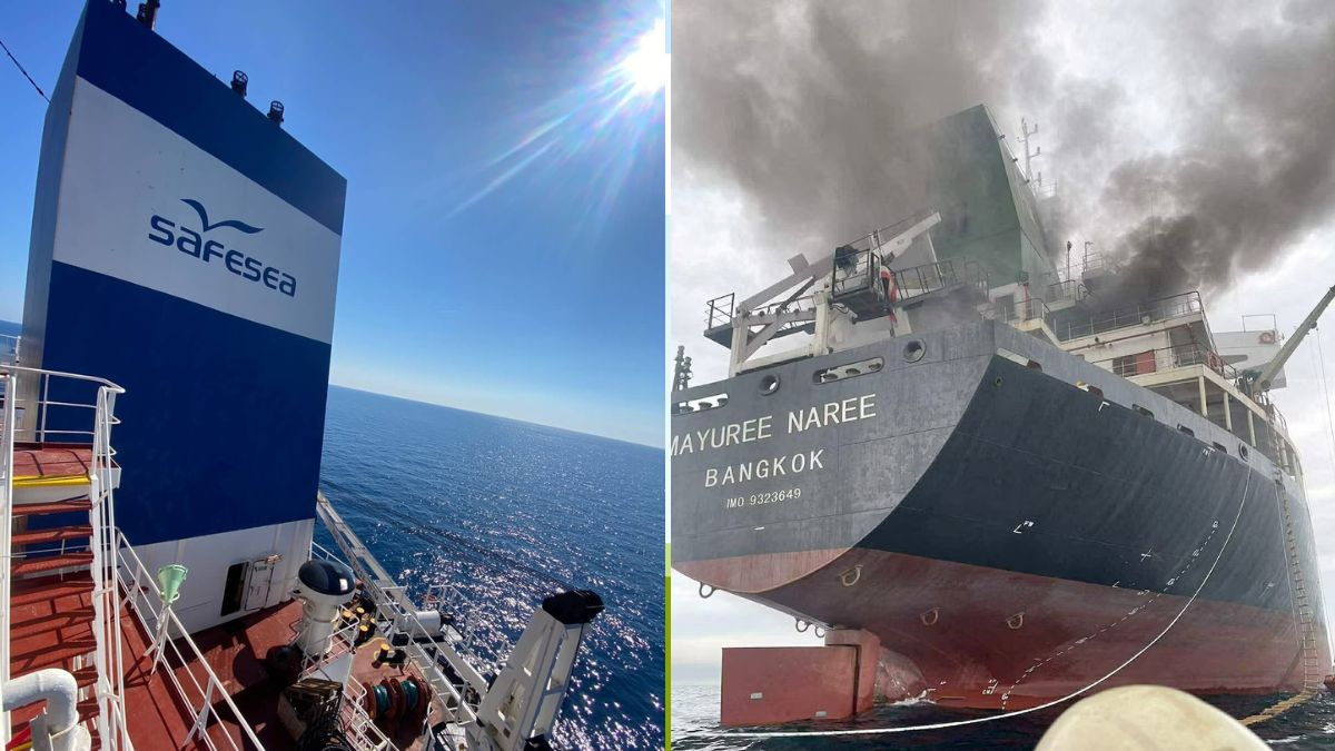 Representative image of the Safesea logo (L) and the Thai-flagged bulk carrier 'Mayuree Naree' (R) | Safesea Group, Royal Thai Navy via Reuters
