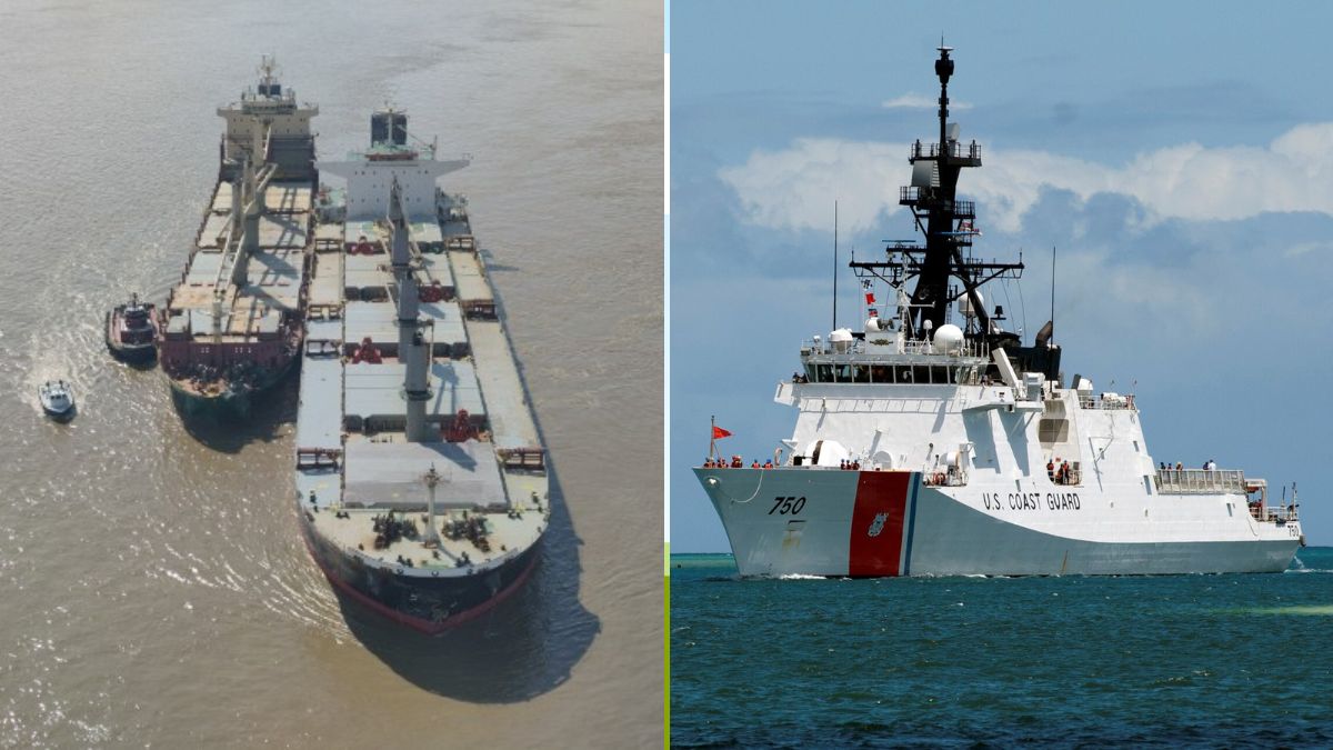 Entangled vessels 'Pac Dubhe' and 'African Buzzard' (L) and a representative image of a US Coast Guard vessel (R) | X/@USCGHeartland, Reuters
