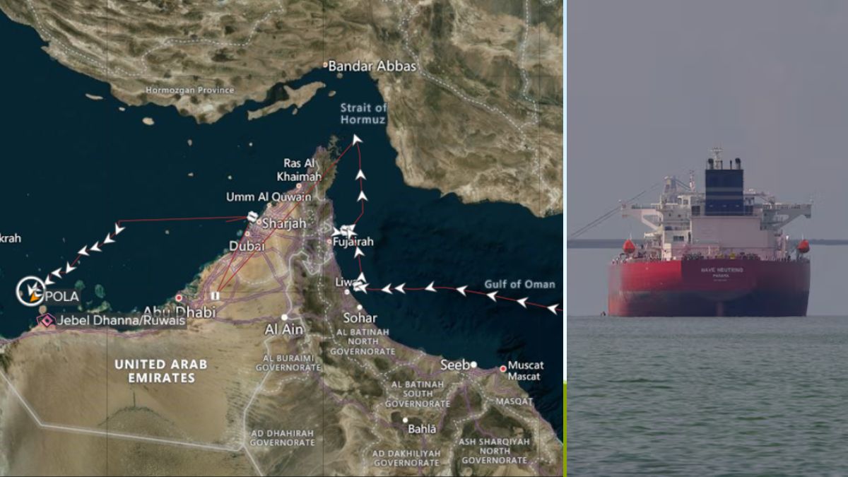 The path taken by Dynacom-managed tanker 'Pola', through the Hormuz Strait (L) and a representative image of an oil tanker (R) | LSEG via Reuters