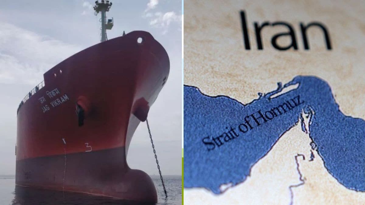 File photo of the 'Jag Vikram' and an enlarged map of the Strait of Hormuz (R) | Great Eastern Shipping, Reuters