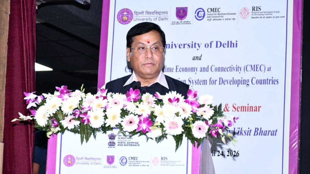 Union Minister of Ports, Shipping and Waterways (MoPSW) Sarbananda Sonowal addresses a panel discussion that took place alongside the MoU exchange ceremony between the CMEC and the University of Delhi | X