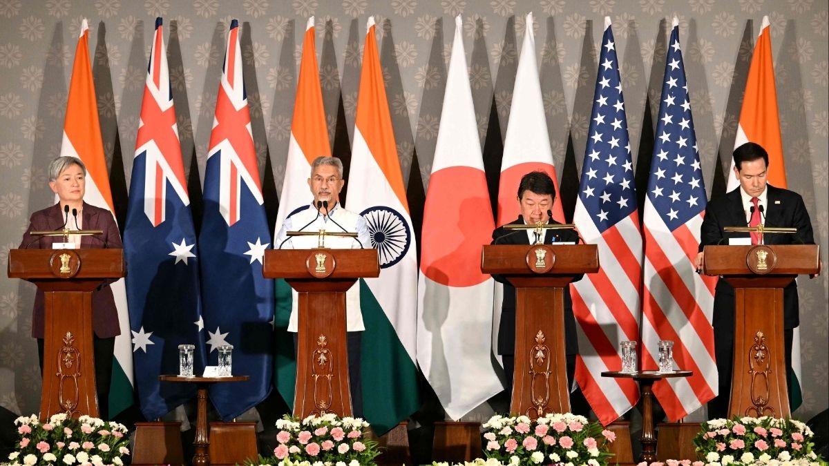 From left, Australian Foreign Minister Penny Wong, External Affairs Minister S Jaishankar, Japanese Foreign Minister Toshimitsu Motegi and US Secretary of State Marco Rubio during a joint press conference after attending the Quad Foreign Ministers' Meeting, in New Delhi, Tuesday, May 26, 2026 | AFP
