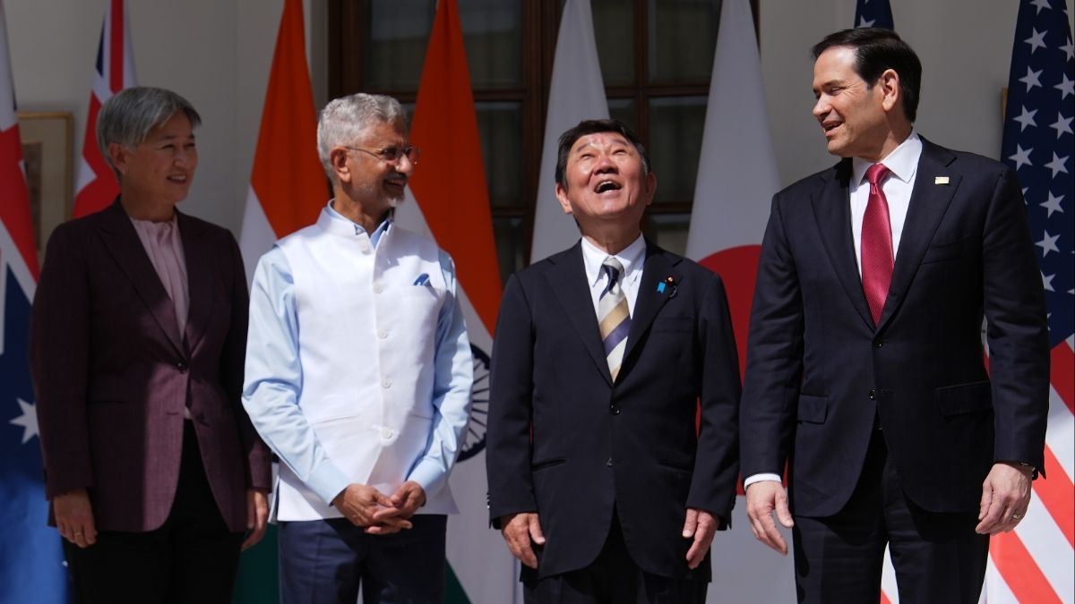 From left, Australian Foreign Minister Penny Wong, India's Minister of External Affairs S. Jaishankar, Japanese Foreign Minister Toshimitsu Motegi and U.S. Secretary of State Marco Rubio share a light moment as they pose before a Quad ministerial meeting in New Delhi, India, on May 26, 2026 | AP