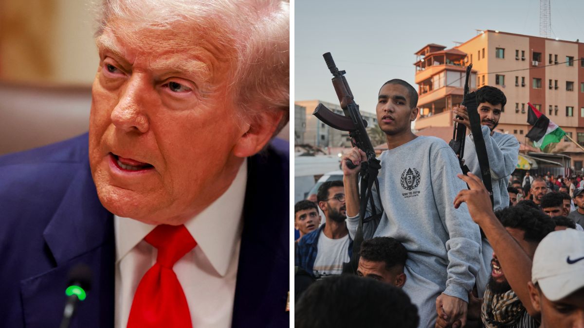 US President Donald Trump. (Right) Freed Palestinian prisoners carry rifles as they arrive in the Gaza Strip following their release from Israeli jails outside Nasser Hospital in Khan Younis, southern Gaza Strip |AP