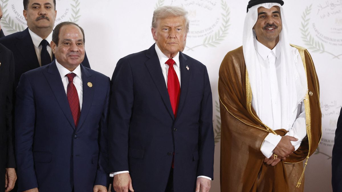 U.S. President Donald Trump, Egypt's President Abdel Fattah al-Sisi and Qatar's Emir Sheikh Tamim bin Hamad Al Thani at a world leaders' summit on ending the Gaza war, in Sharm el-Sheikh, Egypt | Reuters  