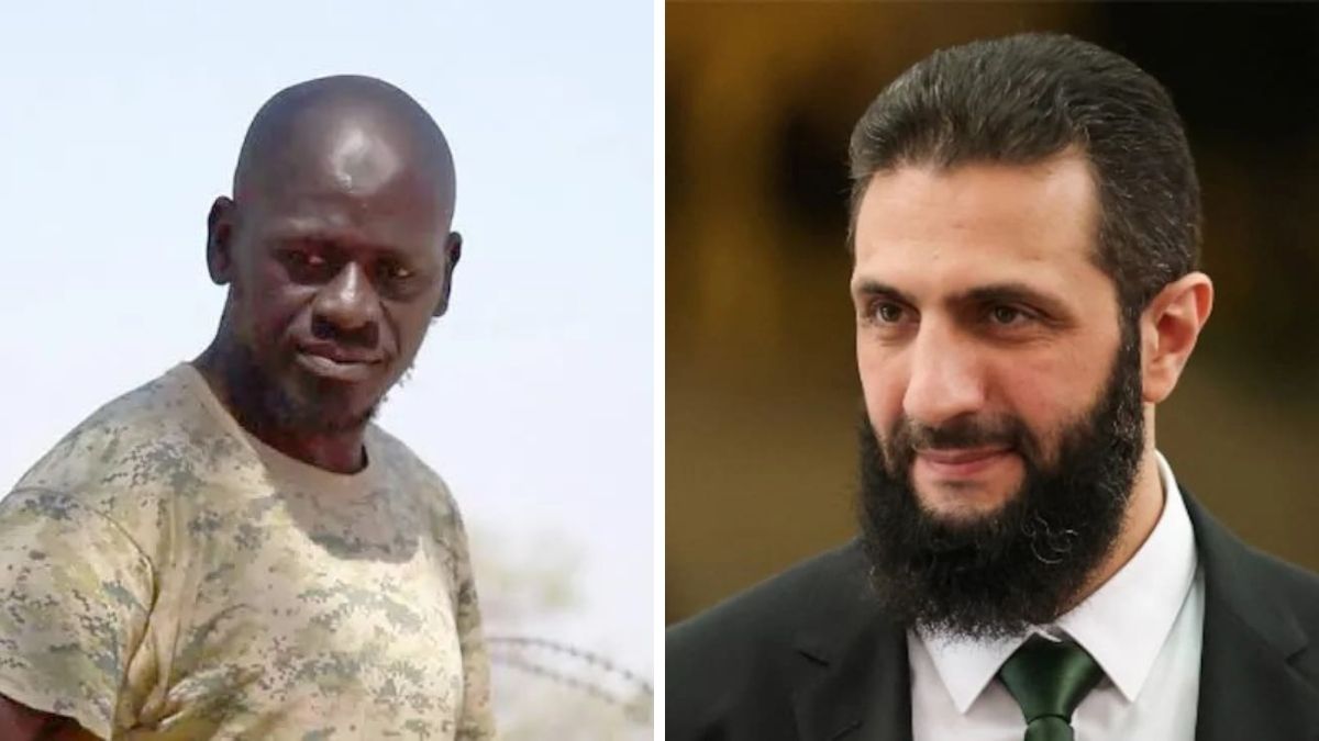 Jihadist group Firqat al-Ghuraba (FG) leader Omar Omsen. Syria's new leader Ahmed al-Sharaa | X 