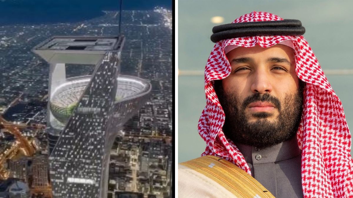 A AI-generated visual of the sky stadium. (Right) Saudi Crown Prince Mohammed bin Salman | X 