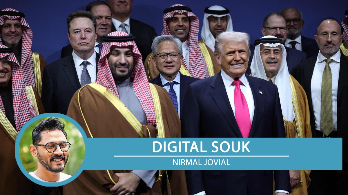 US President Donald Trump and Saudi Crown Prince Mohammed bin Salman pose with Tesla CEO Elon Musk and Nvidia CEO Jensen Huang at the U.S.-Saudi Investment Forum | AFP
