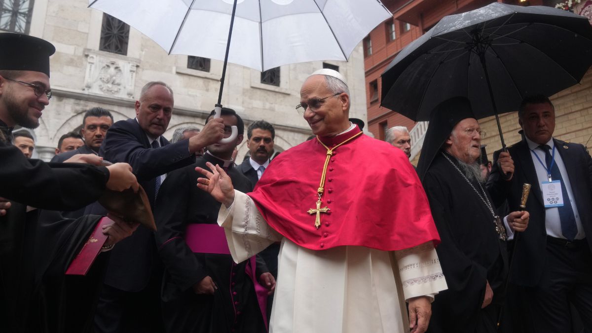 Pope Leo XIV and Ecumenical Patriarch Bartholomew I, the spiritual leader of the world's Eastern Orthodox Christians leave after a doxology service at the Patriarchal Church of Saint George, in Istanbul, Turkey | AP