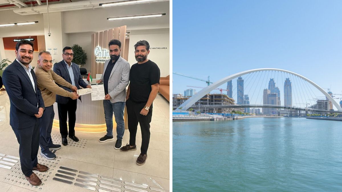 NBCC officials Pradeep Sharma and Sonu Ram hand over the manager’s cheque to the seller at the Dubai Land Department. (Right) Representation | X 