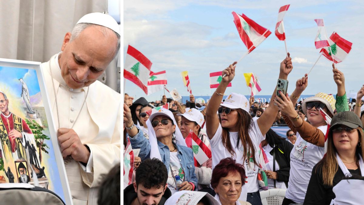 Pope Leo XIV. (Right) The faithful wave Lebanese flags as they attend a mass led by Pope Leo XIV at Beirut's waterfront  | X 
