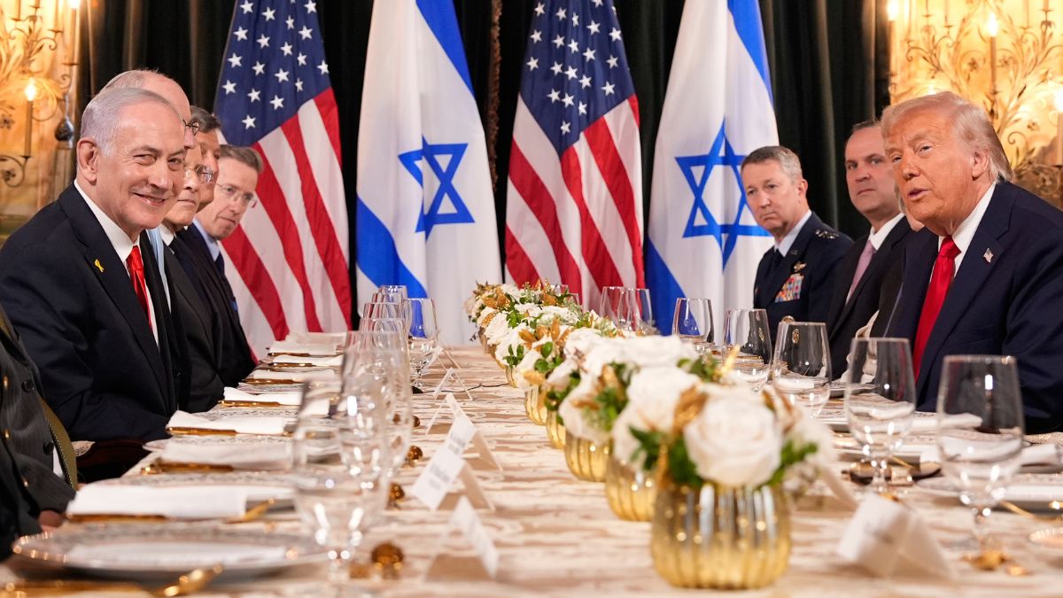 President Donald Trump and Israel's Prime Minister Benjamin Netanyahu speak before a luncheon at the Mar-a-Lago club |  AP