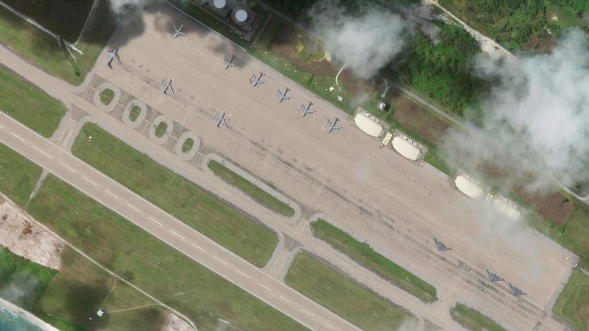 Satellite photo from Planet Labs PBC shows B-2 stealth bombers, right side, parked at Camp Thunder Cove in Diego Garcia