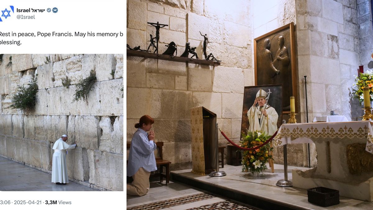 The post put by Israel on its X handle. (Right) A woman prays in front of a photo of the late Pope Francis after the news of his death at age 88, at the Church of the Holy Sepulcher, the site where according to tradition Jesus was crucified and buried, in Jerusalem's Old City | AP 