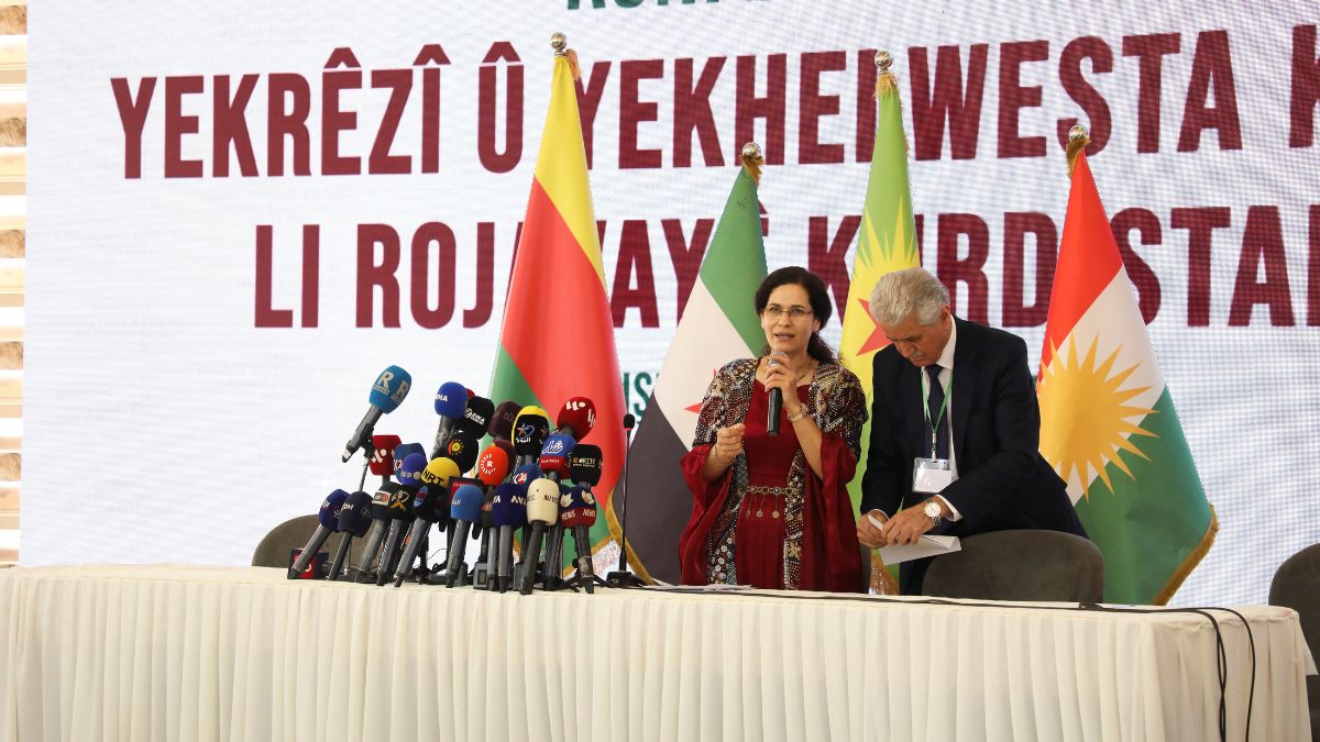 Ilham Ahmed, co-president of the Executive Council of the Autonomous Administration of North and East Syria, speaks during the Unity of the Kurdish Position and Ranks Conference, in Qamishli, Syria | Reuters