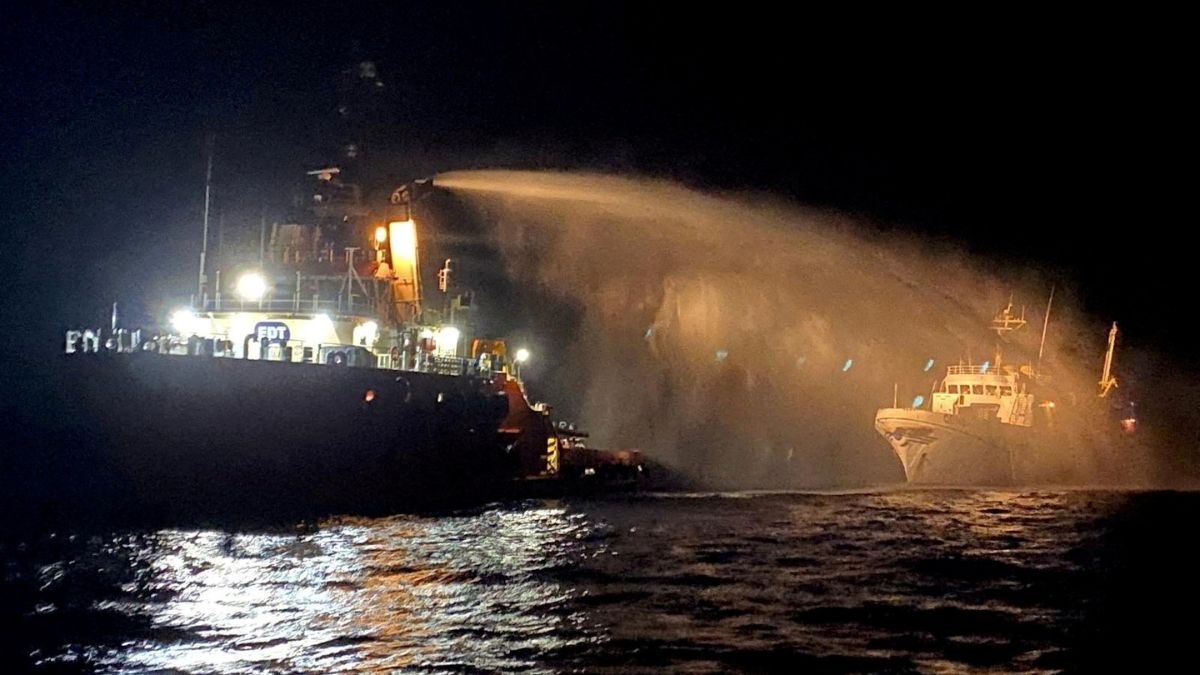 A tug vessel puts a fire on the Gaza Freedom Flotilla vessel Conscience outside Maltese territorial waters | Reuters 