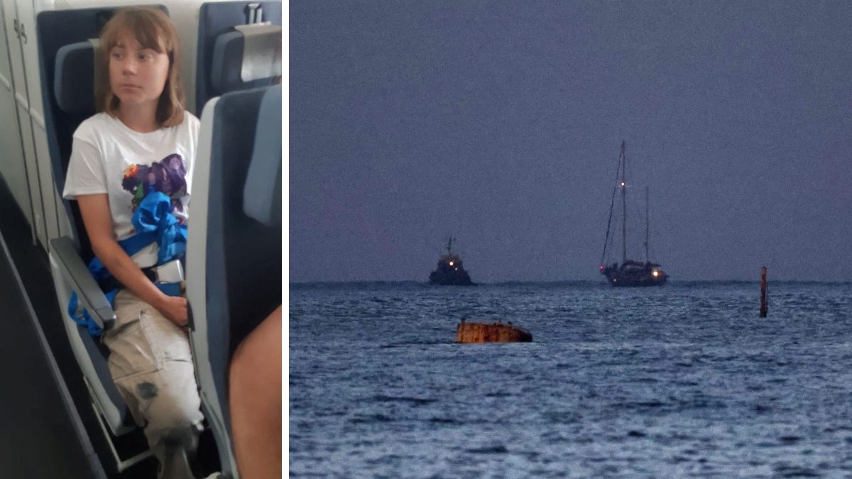 Greta Thunberg sits in a plane, in a location given as Tel Aviv. (Right) A picture shows the aid sailboat Madleen escorted by an Israeli military boat approaching the southern port of Ashdod |  Reuters 