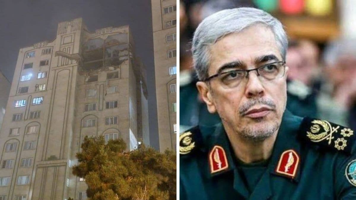 A precision attack by Israel on a flat where a senior IRGC official stayed. (Right) Iran's chief of staff Mohammad Bagheri who was killed in a precision strike by Israel | X 