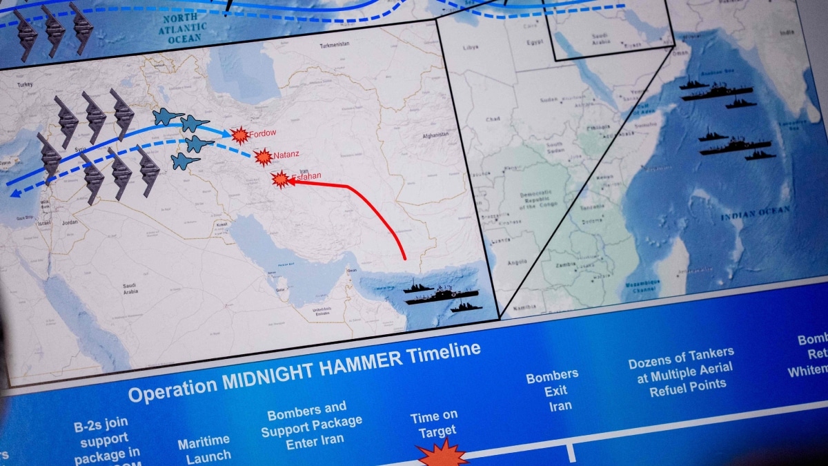 An operational timeline of a strike on Iran is displayed during  the news conference | AFP