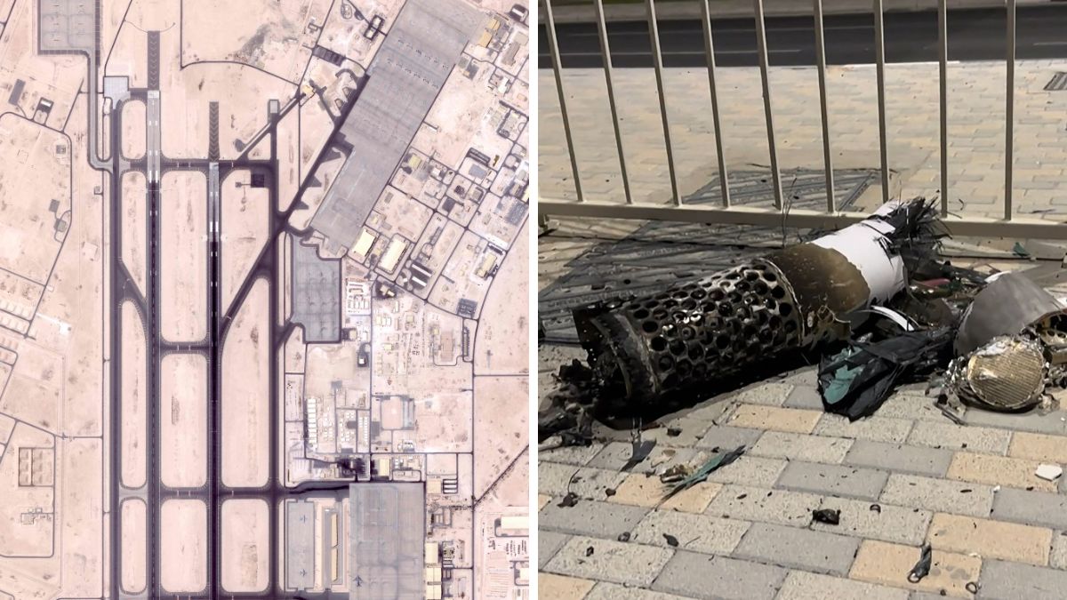Satellite photo from Planet Labs PBC on June 19, 2025, shows no more planes at the US military base of Al-Udeid in Qatar, which was targetted by Iran. (Right)  AFPTV footage shows the remnants of an Iranian missile intercepted over Qatar, as it lies on a pavement near a fence | AFP  