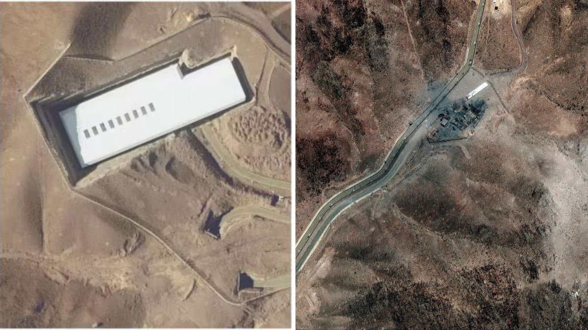 This June 24, 2025, satellite image (right) provided by Maxar Technologies shows damage at Fordo enrichment facility after strikes in Iran on June 23 | AP