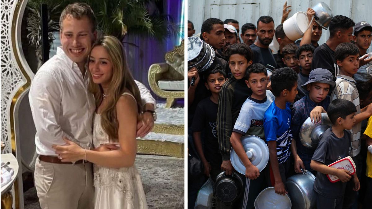 Israel PM Benjamin Netanyahu's son Avner with his partner Amit Yardeni. (Right) Palestinian children wait with others for food at a distribution point in Nuseirat, central Gaza Strip | AFP