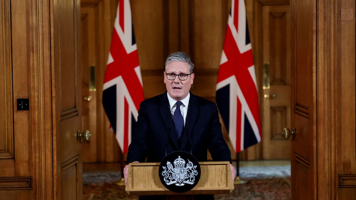 Britain's Prime Minister Keir Starmer delivers a statement inside No. 10 Downing Street on the day the cabinet was recalled to discuss the situation in Gaza | Reuters