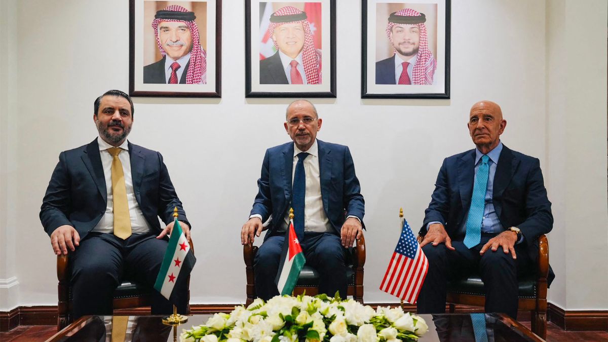 Syria's interim foreign minister Asaad al-Shaibani, Jordan's Foreign Minister Ayman Safadi, and US special envoy for Syria Tom Barrack meeting in Amman | AFP 