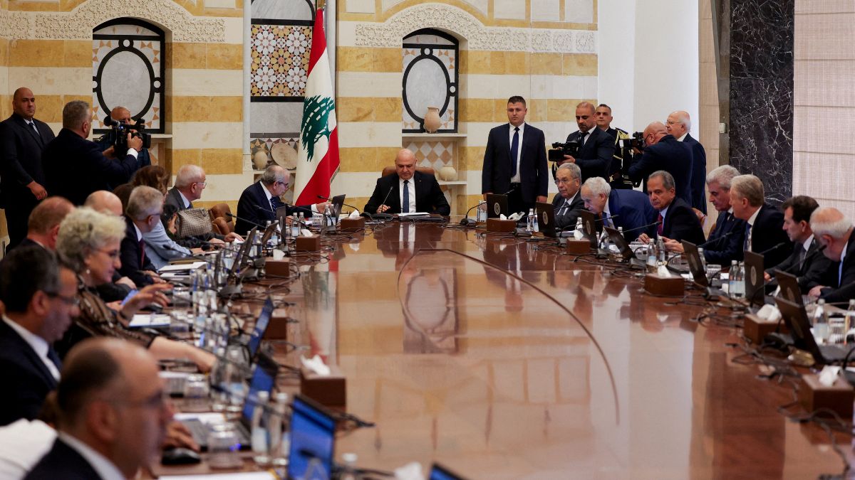 Lebanese President Joseph Aoun, Lebanese Prime Minister Nawaf Salam and members of the Lebanese cabinet meet to discuss efforts to bring all weapons in the country under the control of the state, at the Presidential Palace in Baabda | Reuters 