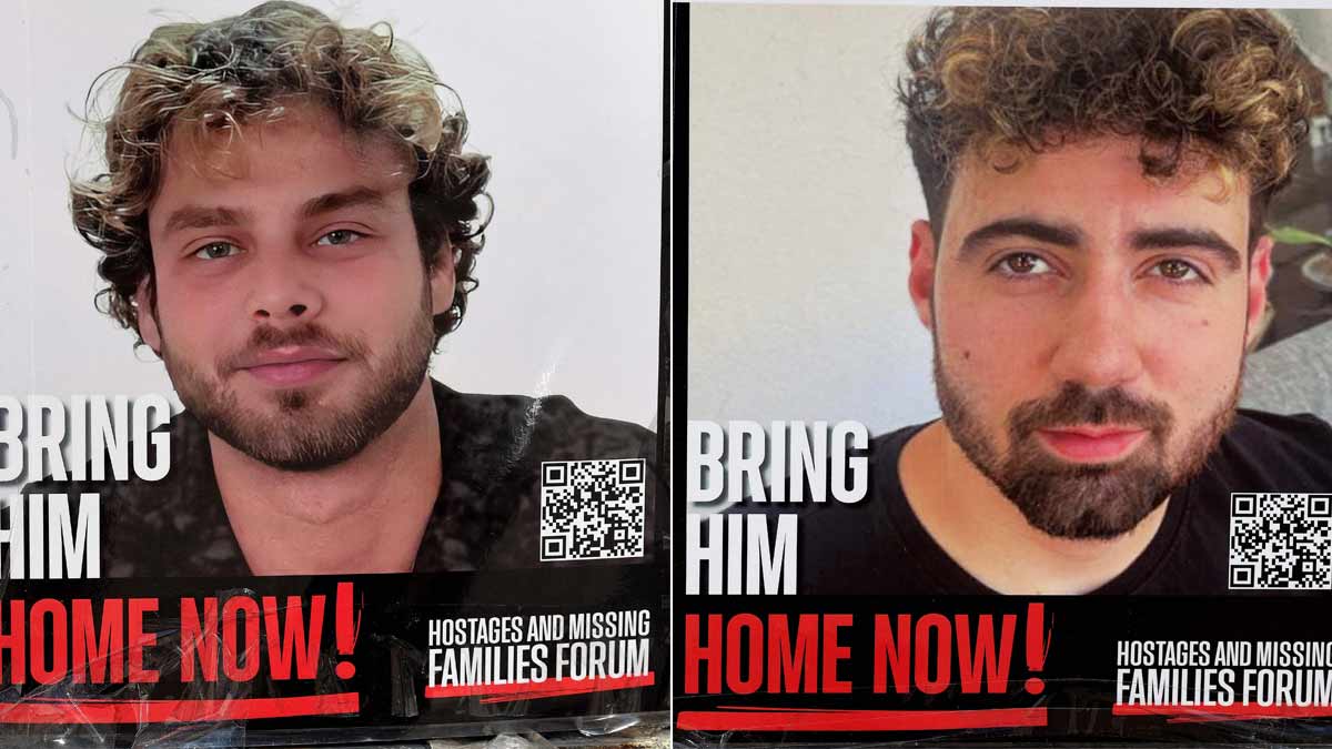 Posters with the portrait of Israeli hostages Alon Ohel and Guy Gilboa-Dalal held in the Gaza Strip since the October 7, 2023 attack by Hamas militants, hanging on a square outside the Tel Aviv Museum of Art | AFP