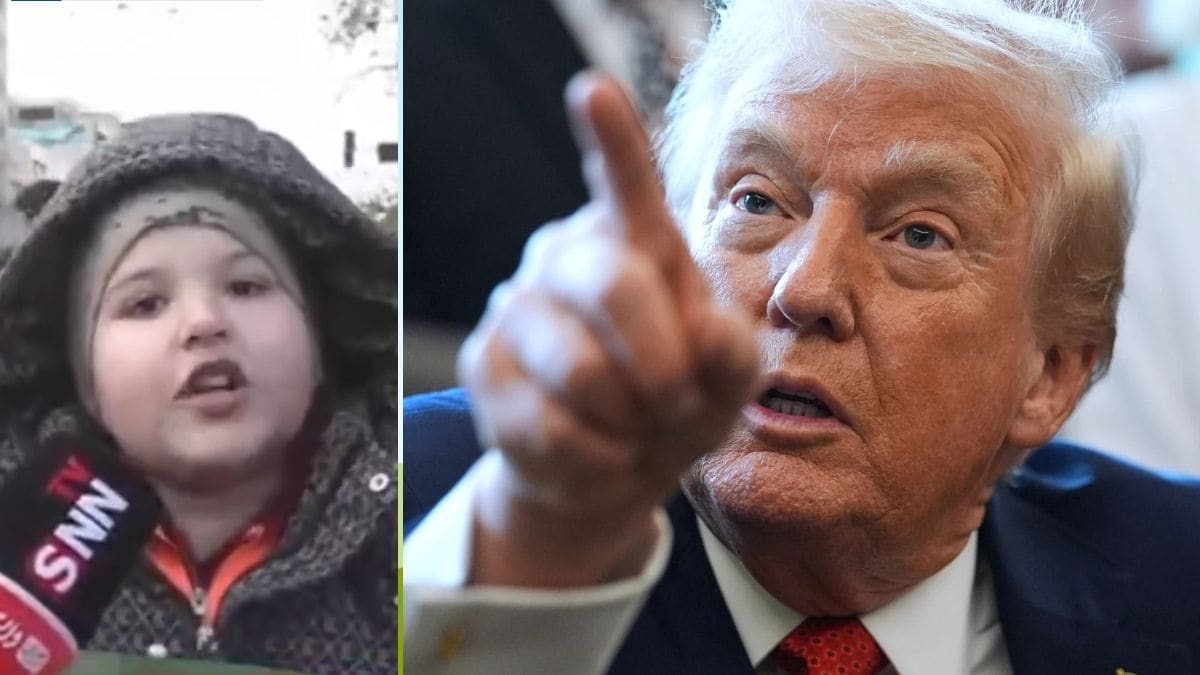 The Iranian child (L) that warned US President Donald Trump (R) in a viral video | X, AP