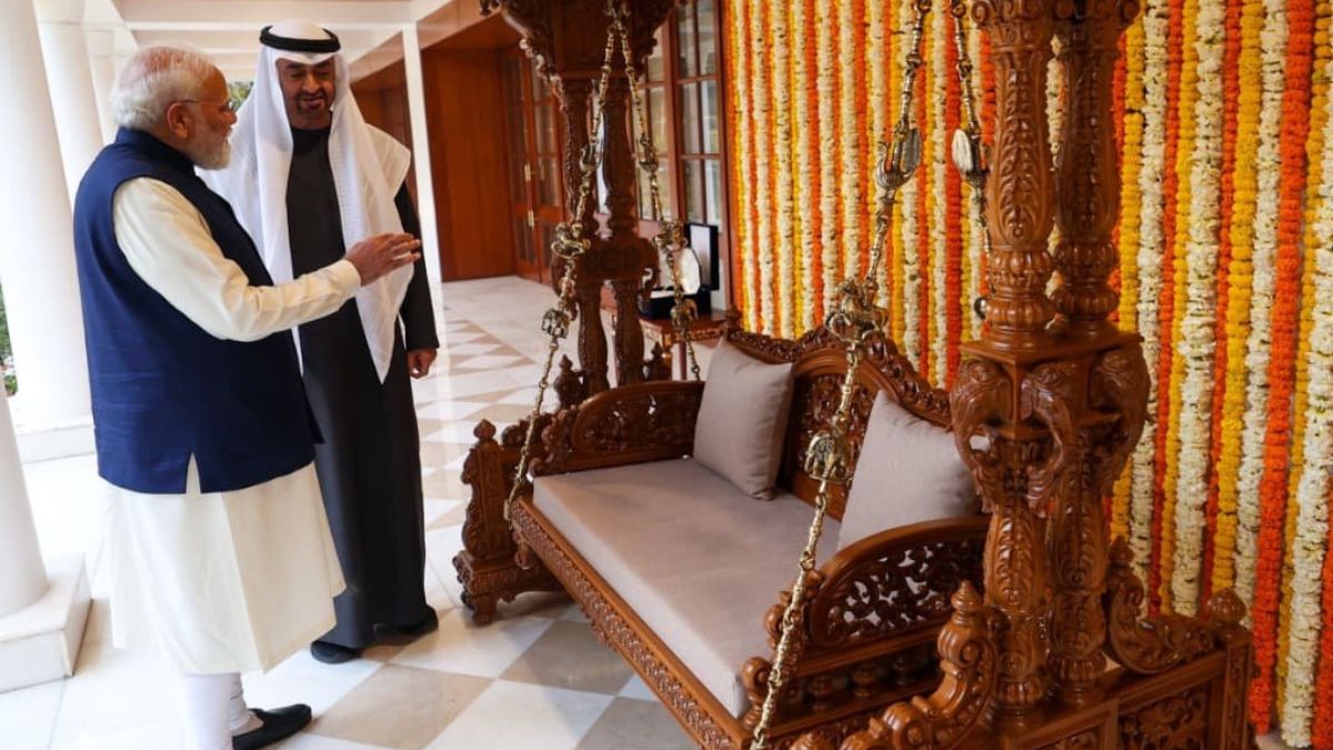 (File) PM Narendra Modi gifting  the President of the UAE, Sheikh Mohamed bin Zayed Al Nahyan, a royal carved wooden Jhula (swing), a beautifully carved wooden swing from Gujarat that sits at the heart of many Gujarat family homes | X 