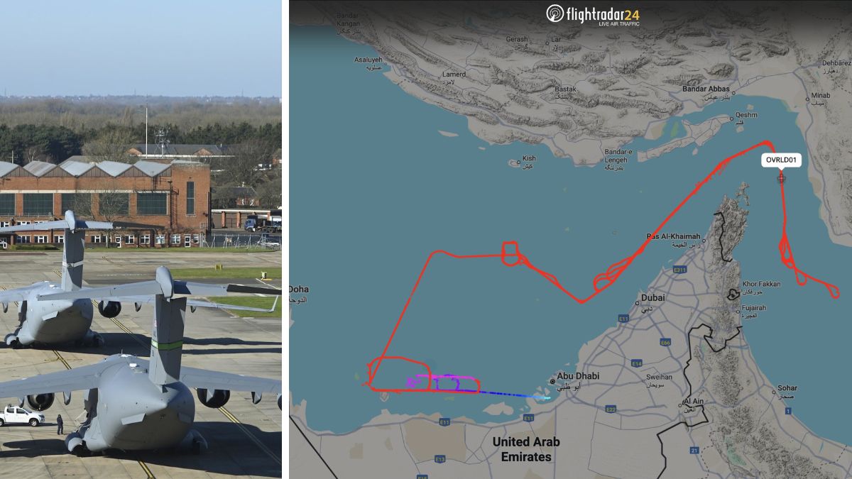 Multiple US C-17 Globemaster III heavy-lift aircraft have landed at RAF facilities in the UK. (Right) Flight data showing US Navy MQ-4C Triton drone conducting reconnaissance over the Persian Gulf and the Strait of Hormuz | X 