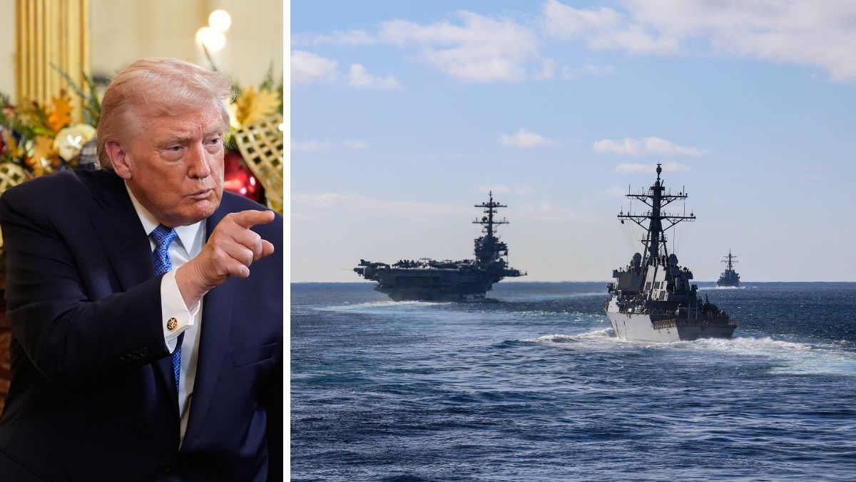 US President Donald Trump. (Right) US aircraft carrier USS Gerald R Ford | X 