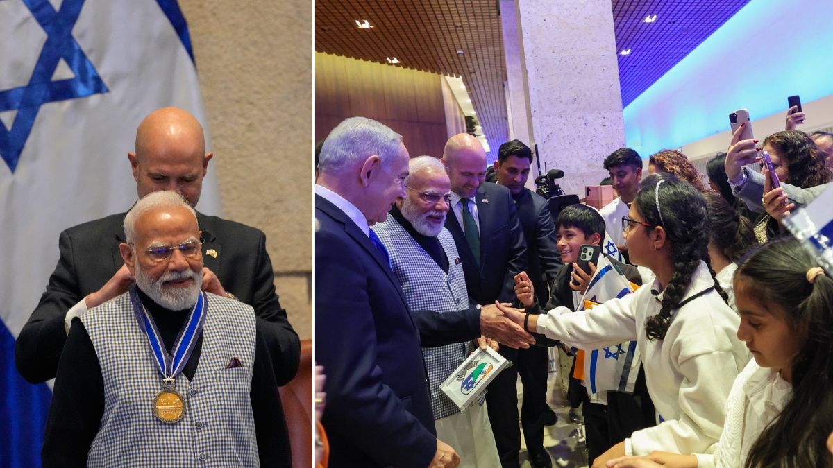 Israel's Parliament Speaker Amir Ohana presents a medal to Prime Minister Narendra Modi | AP, PTI