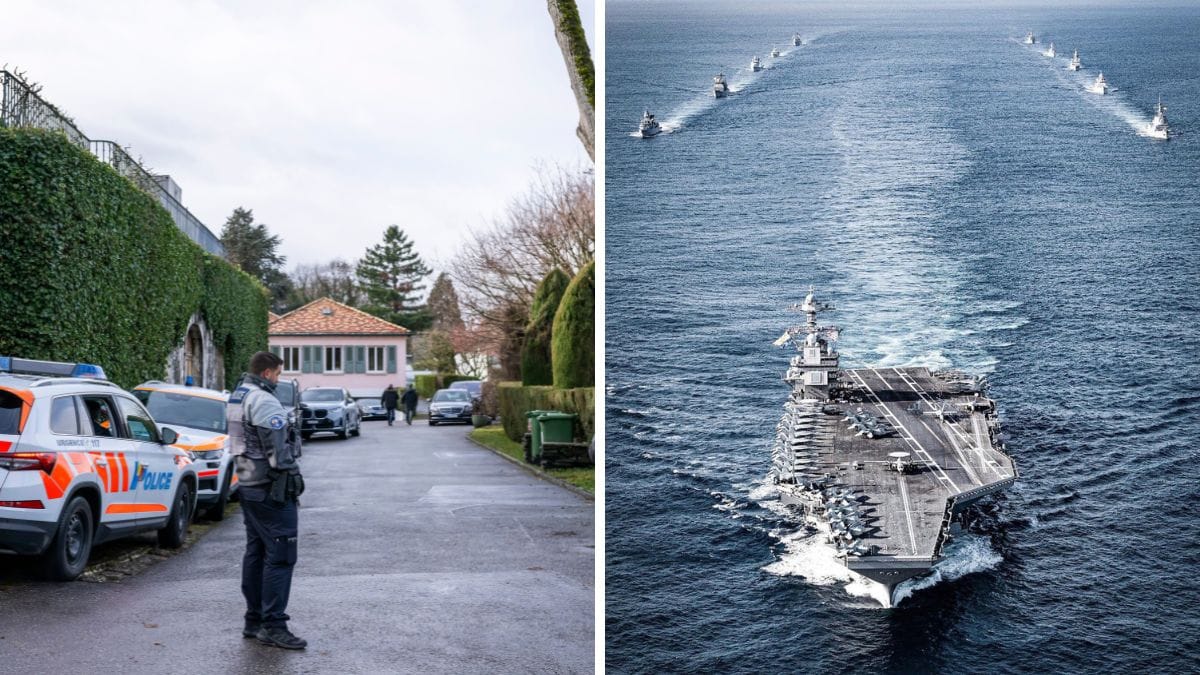 The official residence of the Oman Ambassador in Geneva where the last round of US-Iran talk is being held. (Right) USS Gerald R. Ford aircraft carrier  | X 
