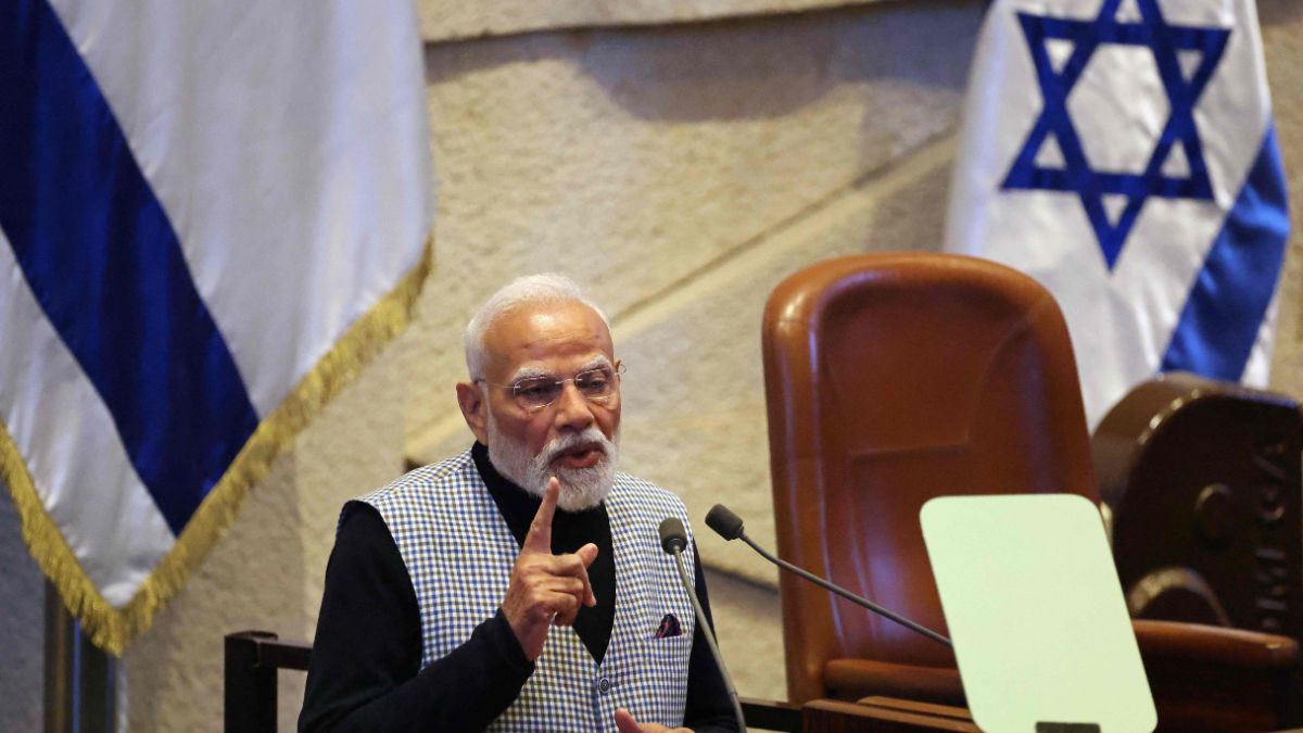 Prime Minister Narendra Modi addresses the Israeli parliament, the Knesset, in Tel Aviv | AFP