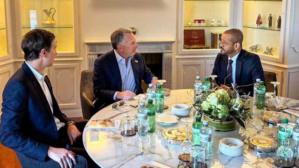 Oman's Minister of Foreign Affairs Sayyid Badr bin Hamad Al Busaidi, right, holds a meeting with White House special envoy Steve Witkoff, center, and Jared Kushner