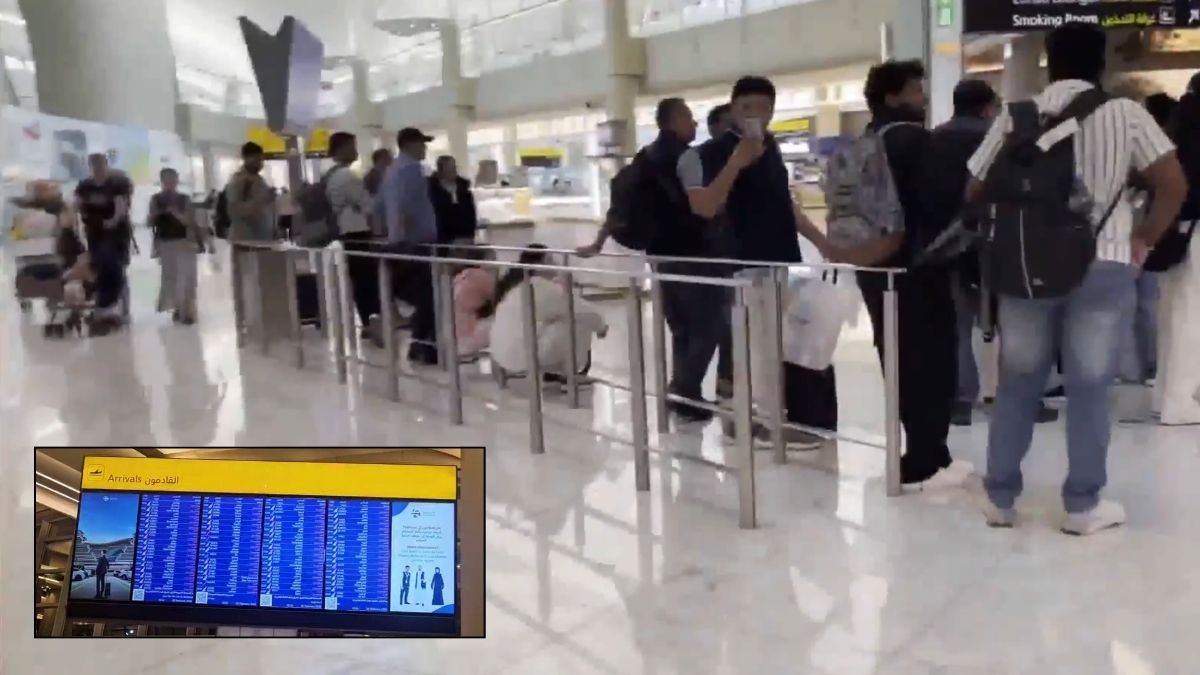 Stranded passengers at the Abu Dhabi International Airport; (inset) A TV showing a list of all the flights cancelled due to the airspace closure | X/@ANI