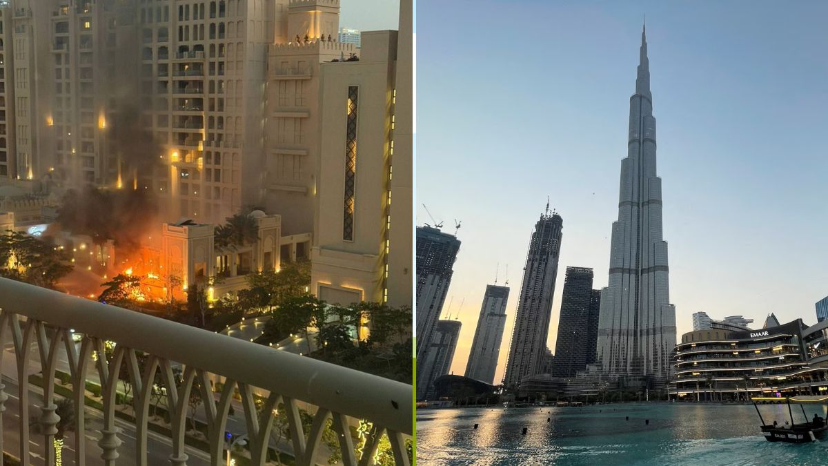 Visuals from the fire at the Fairmont Hotel in Dubai's Palm Jumeirah (L) and the Burj Khalifa (R) | X, Reuters