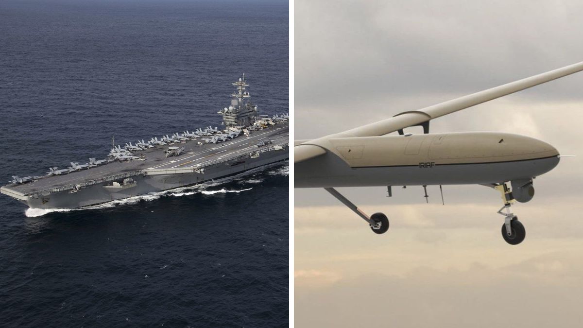 US Navy aircraft carrier USS Abraham Lincoln (Right) Iran's Shahed-129 drone | X 
