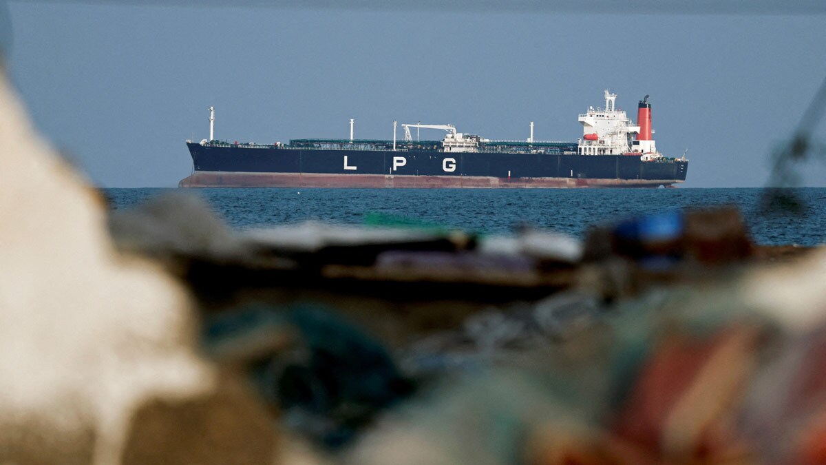 An LPG gas tanker at anchor in Shinas, Oman, as traffic is down in the Strait of Hormuz | Reuters