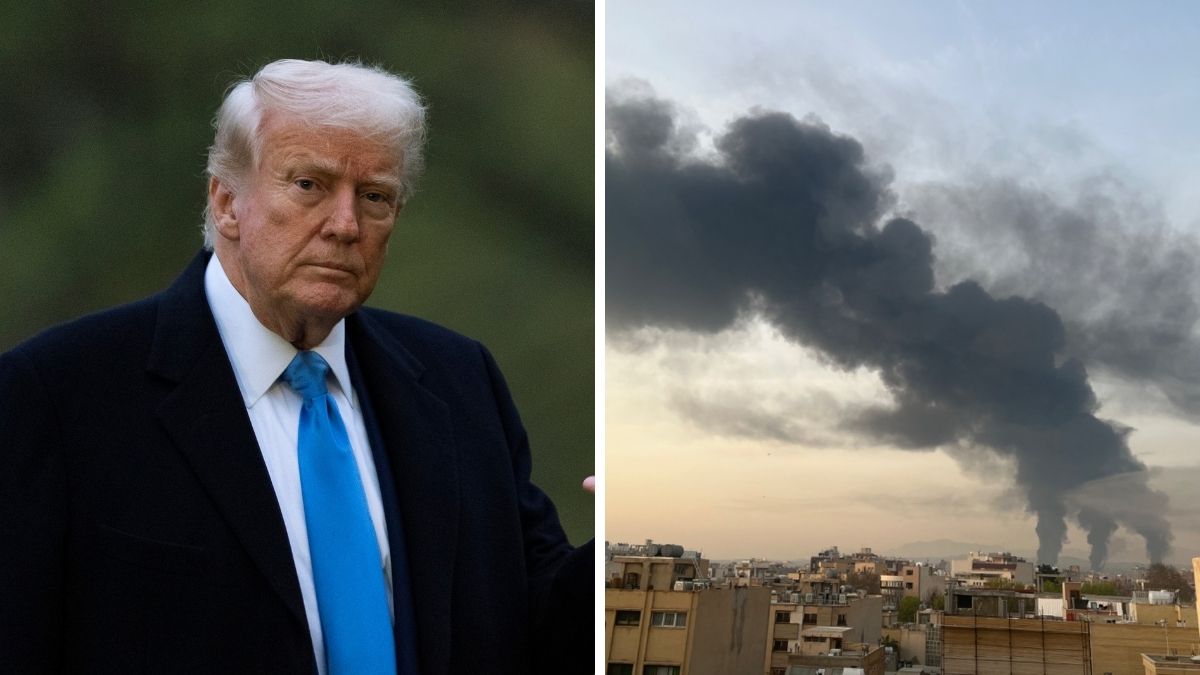 US President Trump. (Right) Smoke emanating from Iranian cities after US bombing | X 