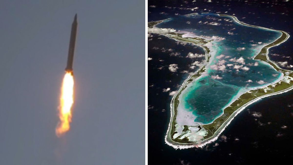 An Iranian missile fired by the IRCG. (Right) US Navy shows an aerial view of Diego Garcia in the Chagos Island group | AFP 
